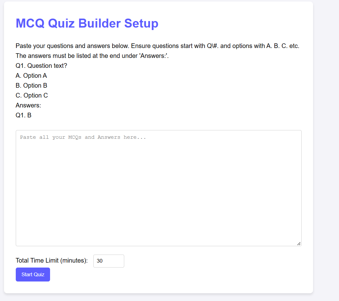 The original QUIZ-WORLD setup page: a big box to paste questions and answers and a time limit